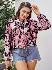 SHEIN Clasi 大碼印花繫帶領襯衫 - 彩色 - 查看 5