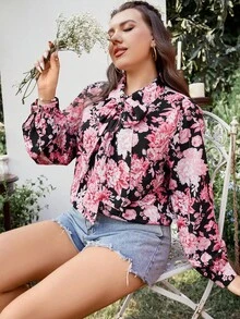 SHEIN Clasi 大碼印花繫帶領襯衫 - 彩色 - 查看 6