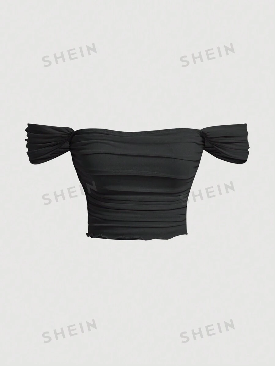 SHEIN MOD Top de hombros descubiertos fruncido de malla - Negro - Ver 1