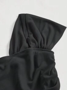 SHEIN MOD 一字肩褶邊網紗上衣 - 黑色 - 查看 3