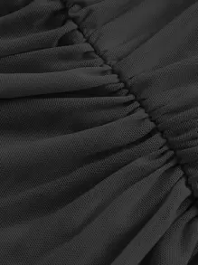 SHEIN MOD 一字肩褶邊網紗上衣 - 黑色 - 查看 4