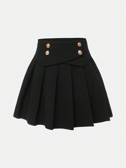 SHEIN Girlism Teen Girls Button Detail Pleated Skirt