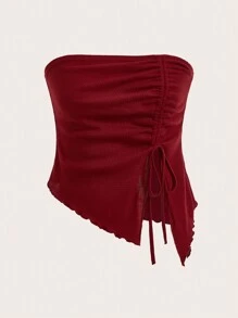 SHEIN ICON Drawstring Front Lettuce Trim Asymmetrical Hem Tube Top - Burgundy - View 1