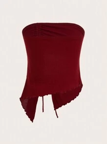 SHEIN ICON Drawstring Front Lettuce Trim Asymmetrical Hem Tube Top - Burgundy - View 2