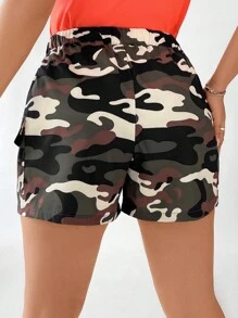 Flirla 大碼迷彩印花側翻蓋口袋工裝短褲 - 彩色 - 查看 2