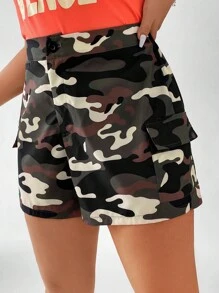 Flirla 大碼迷彩印花側翻蓋口袋工裝短褲 - 彩色 - 查看 4