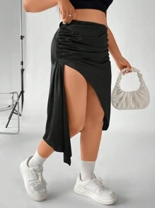 SHEIN Clasi Váy Plus Size Bất đối xứng Xù Tách cao màu trơn Gợi cảm - màu đen - Xem 5