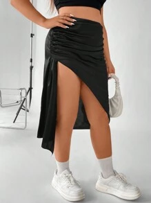 SHEIN Clasi Váy Plus Size Bất đối xứng Xù Tách cao màu trơn Gợi cảm - màu đen - Xem 7