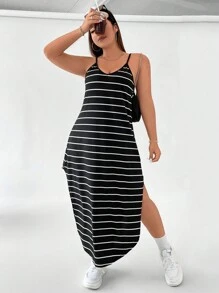 SHEIN LUNE 大碼條紋印花弧形下擺吊帶連衣裙 - 黑與白 - 查看 5