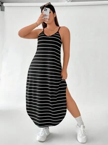 SHEIN LUNE 大碼條紋印花弧形下擺吊帶連衣裙 - 黑與白 - 查看 2