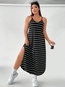 SHEIN LUNE 大碼條紋印花弧形下擺吊帶連衣裙 - 黑與白 - 查看 7
