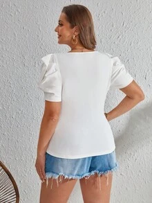 SHEIN Privé 大碼泡泡袖雞心領口T恤 - 白色 - 查看 2