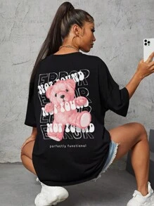 1pc Bear And Letter Graphic Tee - Black - View 1