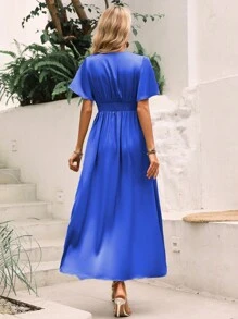 SHEIN Clasi Cổ Lao áo tay bướm Váy Wrap Hem - Màu xanh lam - Xem 2