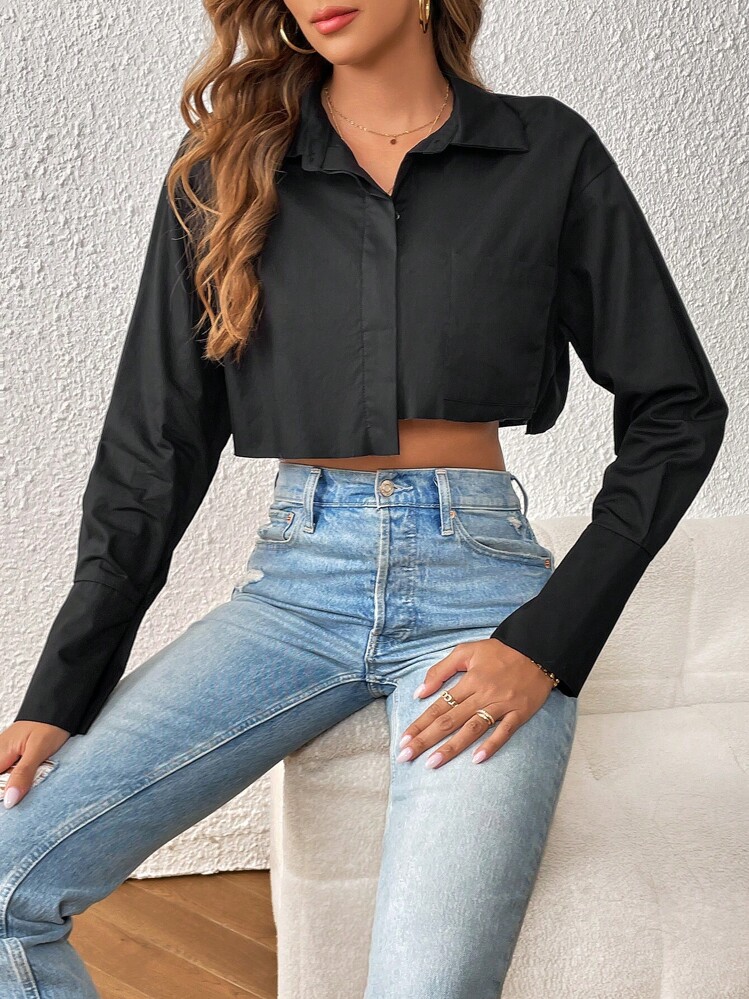 SHEIN Essnce Áo sơ mi nữ Túi Nút phía trước màu trơn Giải trí - màu đen - Xem 1