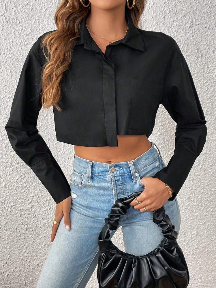 SHEIN Essnce Áo sơ mi nữ Túi Nút phía trước màu trơn Giải trí - màu đen - Xem 4