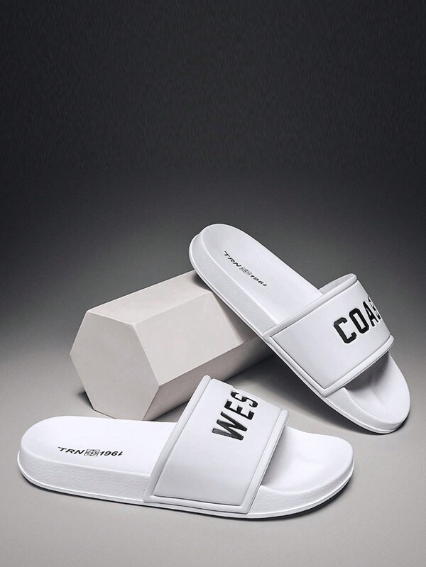 Men White Letter Graphic Slides, Foam Slides For Daily