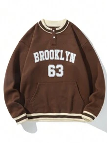 Aesthetic Post--Men Letter Graphic Striped Trim Sweatshirt - Coffee Brown - View 1