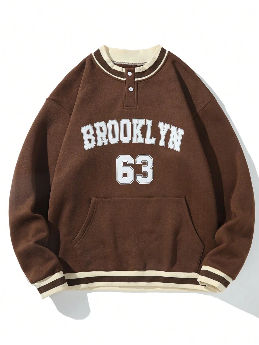 Aesthetic Post--Men Letter Graphic Striped Trim Sweatshirt - Coffee Brown - View 1