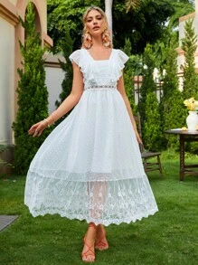 Simplee 荷葉邊蕾絲覆蓋派對禮服 - 白色 - 查看 1