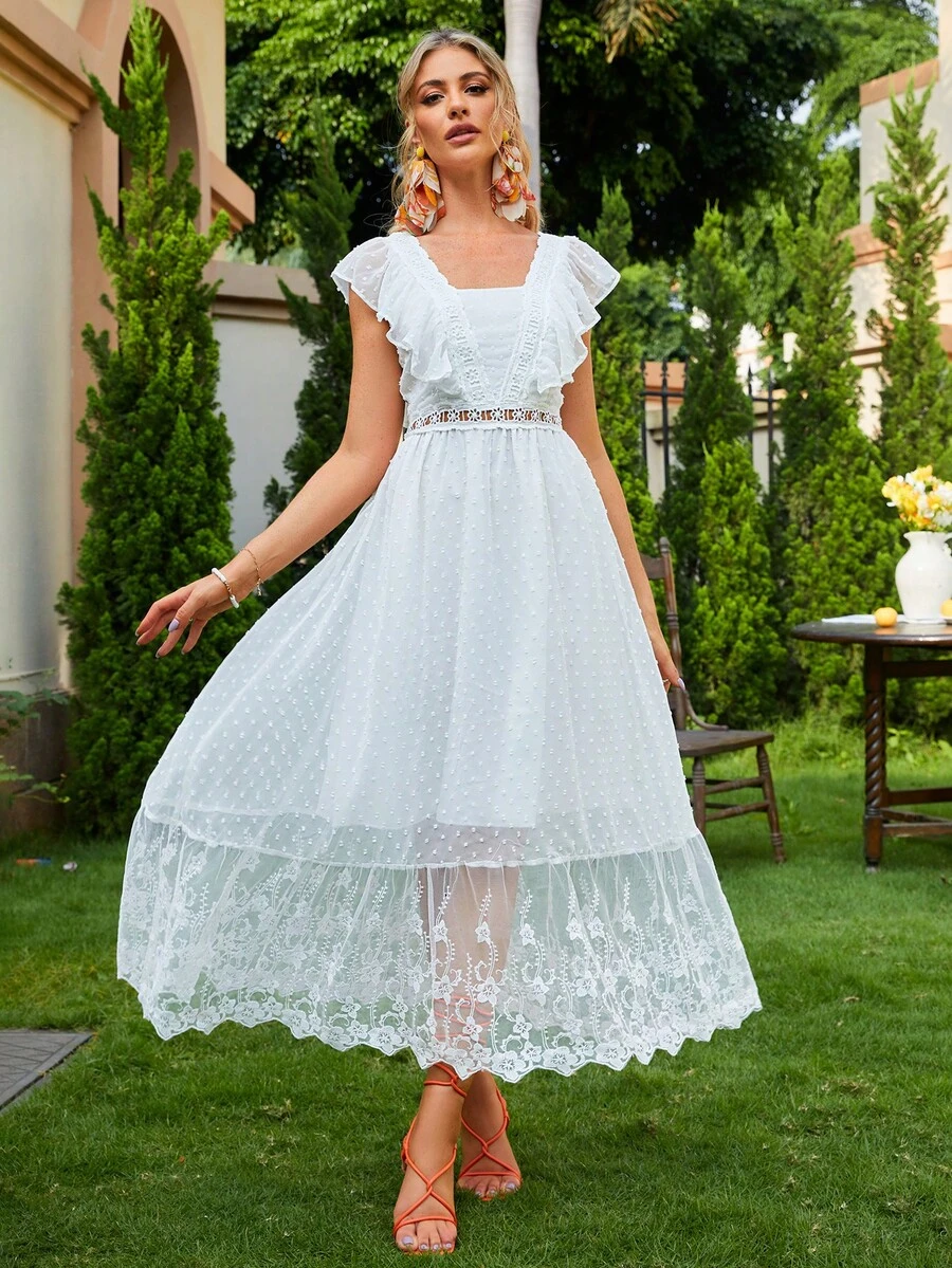 Simplee 荷葉邊蕾絲覆蓋派對禮服 - 白色 - 查看 1