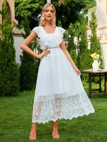 Simplee 荷葉邊蕾絲覆蓋派對禮服 - 白色 - 查看 3