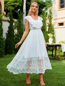 Simplee 荷葉邊蕾絲覆蓋派對禮服 - 白色 - 查看 4