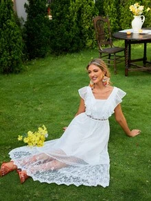 Simplee 荷葉邊蕾絲覆蓋派對禮服 - 白色 - 查看 6