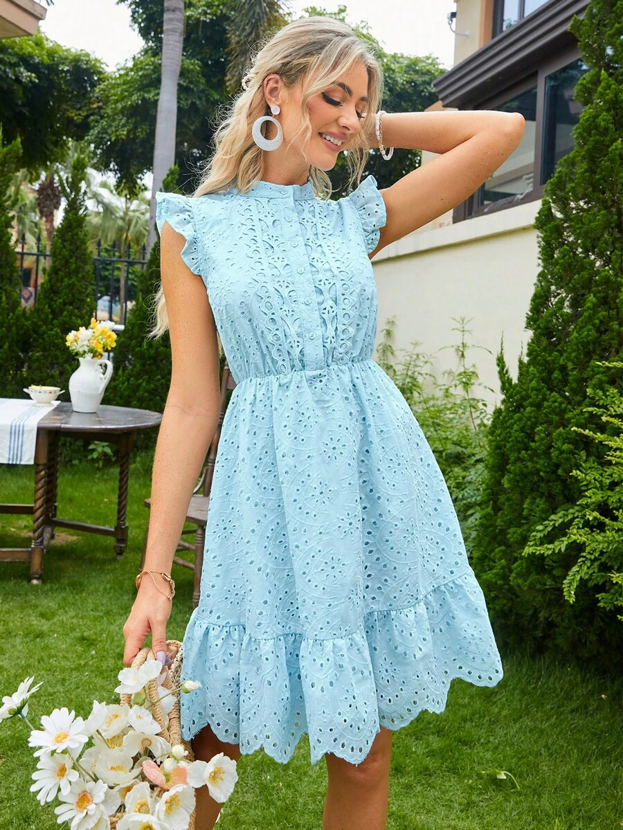 Simplee Eyelet Embroidery Ruffle Hem Schiffy Party Dress - Blue - View 1