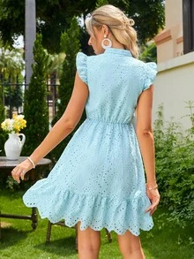 Simplee Eyelet Embroidery Ruffle Hem Schiffy Party Dress - Blue - View 2