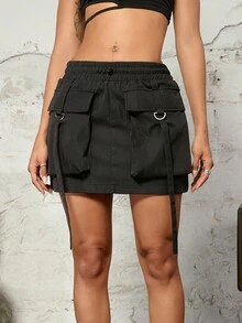 街腰部抽繩翻蓋口袋帶扣細節工裝裙 - 黑色 - 查看 5