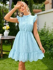 Simplee Eyelet Embroidery Ruffle Hem Schiffy Party Dress - Blue - View 5