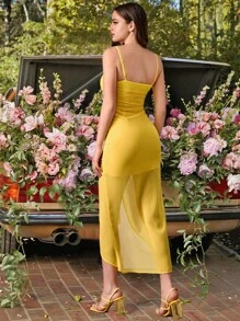 Ruched Ruffle Trim Mesh Cami Dress - Yellow - View 2