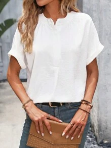 SHEIN Clasi 素色蝙蝠袖四分之一無紐扣開襟襯衫 - 白色 - 查看 4