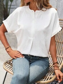 SHEIN Clasi 素色蝙蝠袖四分之一無紐扣開襟襯衫 - 白色 - 查看 5