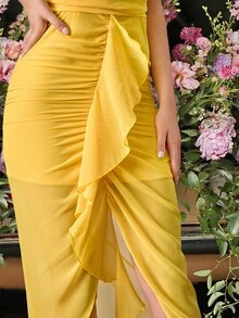 Ruched Ruffle Trim Mesh Cami Dress - Yellow - View 4