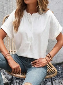 SHEIN Clasi 素色蝙蝠袖四分之一無紐扣開襟襯衫 - 白色 - 查看 6