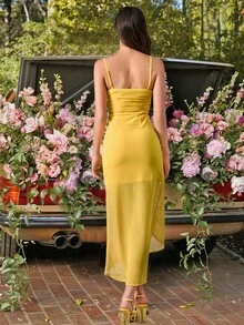 Ruched Ruffle Trim Mesh Cami Dress - Yellow - View 7