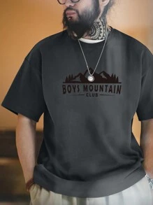 Men Mountain & Letter Graphic Tee - Dark Grey - View 1