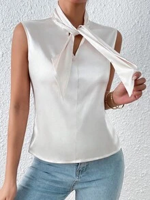 繫帶領無袖襯衫 - 米色 - 查看 4