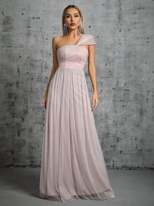 One Shoulder Mesh Bridesmaid Dress - Dusty Pink - View 1