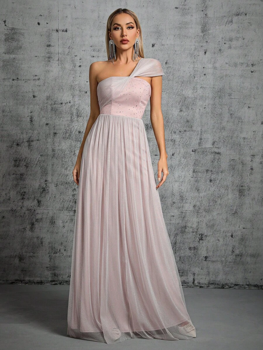 One Shoulder Mesh Bridesmaid Dress - Dusty Pink - View 1
