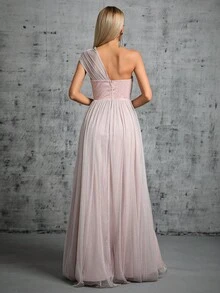 One Shoulder Mesh Bridesmaid Dress - Dusty Pink - View 2