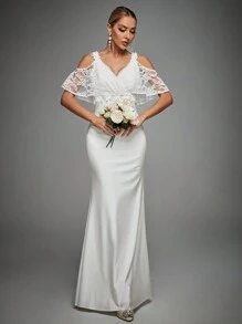 Contrast Lace Cold Shoulder Mermaid Hem Wedding Dress - White - View 4