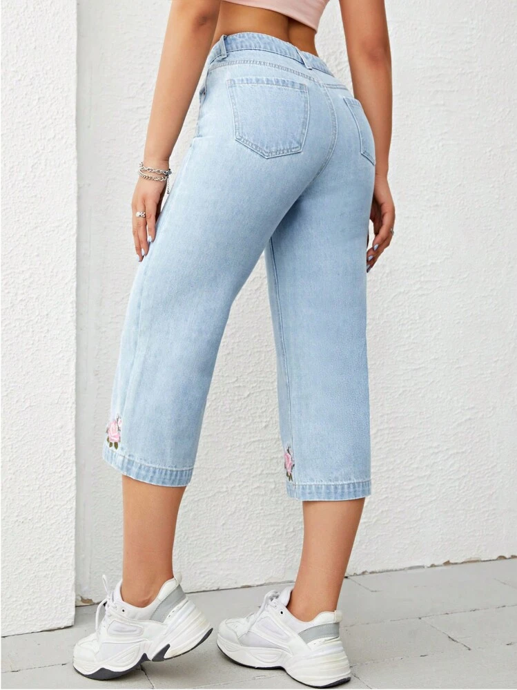 SHEIN Unity Floral Embroidery Capri Jeans - Light Wash - View 2