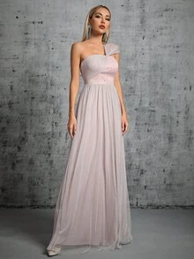 One Shoulder Mesh Bridesmaid Dress - Dusty Pink - View 4