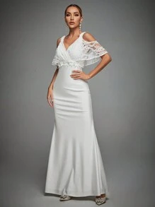 Contrast Lace Cold Shoulder Mermaid Hem Wedding Dress - White - View 5