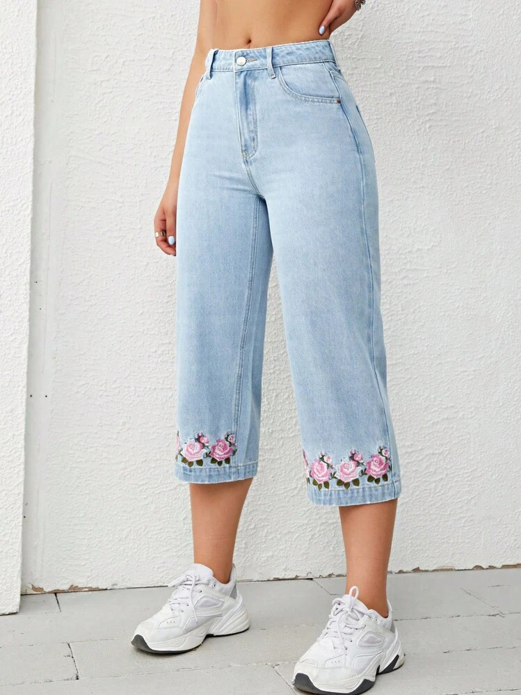 SHEIN Unity Floral Embroidery Capri Jeans - Light Wash - View 3