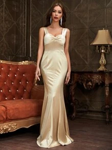 MUXXN 前收褶魚尾裙下擺緞面正式連衣裙 - 香檳色 - 查看 1