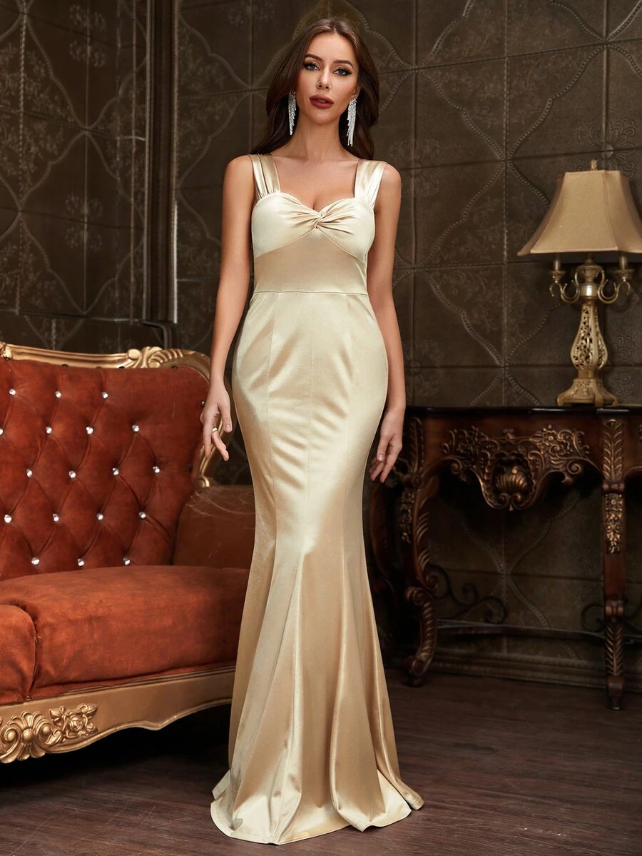 MUXXN 前收褶魚尾裙下擺緞面正式連衣裙 - 香檳色 - 查看 1